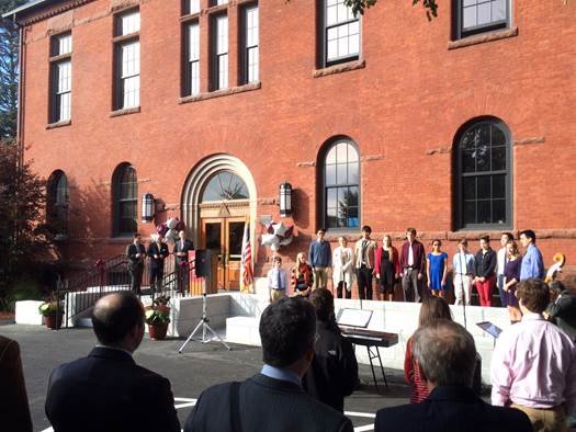 Caption: Worcester Academy community celebrates re-opening of newly renovated and restored Walker Hall, photo courtesy Consigli Construction Co., Inc.